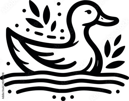 A Long and Intriguing Title Elegant Black and White Illustration of a Graceful Duck Standing Proudly on a Delicate Patch of Grass, Perfect for Nature Lovers and Artistic Designs