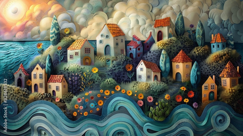 painting a small European coastal village painting a small European coastal village