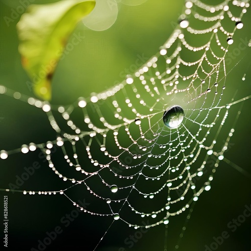 A spider web glistens with dew drops, creating a delicate and intricate design against a blurred green background.