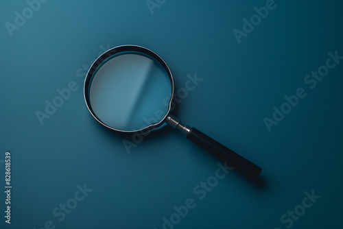 Black magnifying glass on a blue background 3d illustration