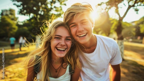 Caucasian teenage boy and girl in a park during golden hour. Happy youth, joyful moments, friendship, outdoor fun concept