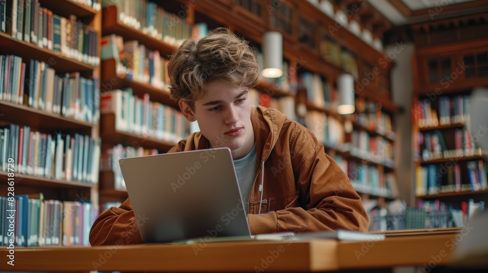 Young Student Studying with Laptop in Library Young Student Studying with Laptop in Library