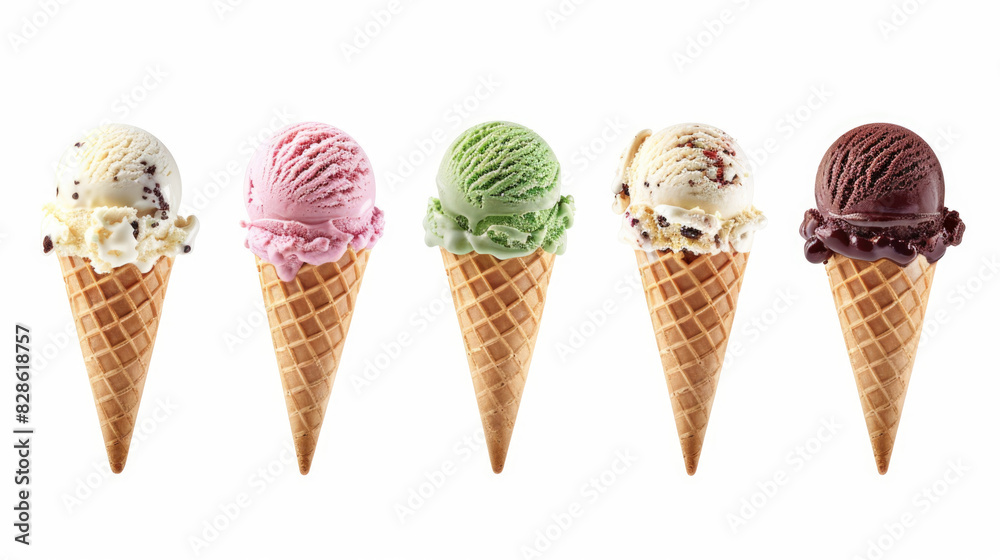 Five ice cream cones with different flavors isolated on white background. National Ice Cream Day Five ice cream cones with different flavors isolated on white background. National Ice Cream Day