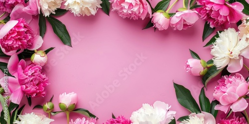 Elegant Peony Flowers Frame on Pink Background for Invitations