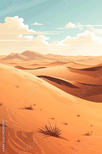 A vast  golden desert landscape stretches under a clear blue sky with fluffy white clouds.