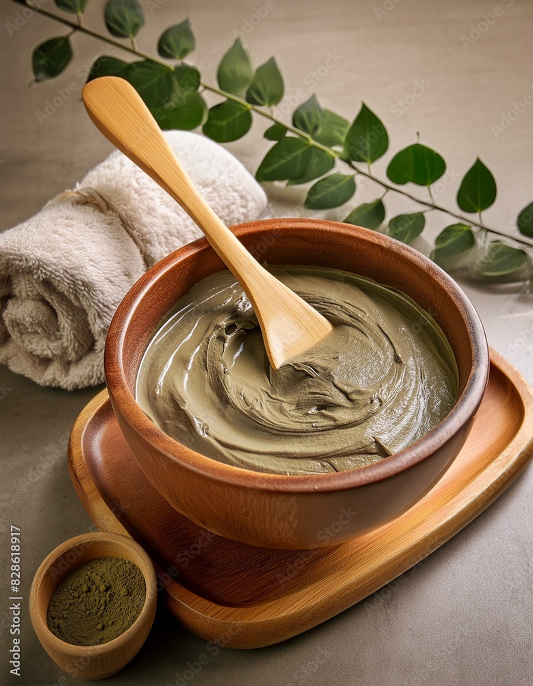 A bowl of rich, dark mud with a wooden spatula, accompanied by a few spa essentials like eucalyptus leaves and a rolled towel. A bowl of rich, dark mud with a wooden spatula, accompanied by a few spa essentials like eucalyptus leaves and a rolled towel.