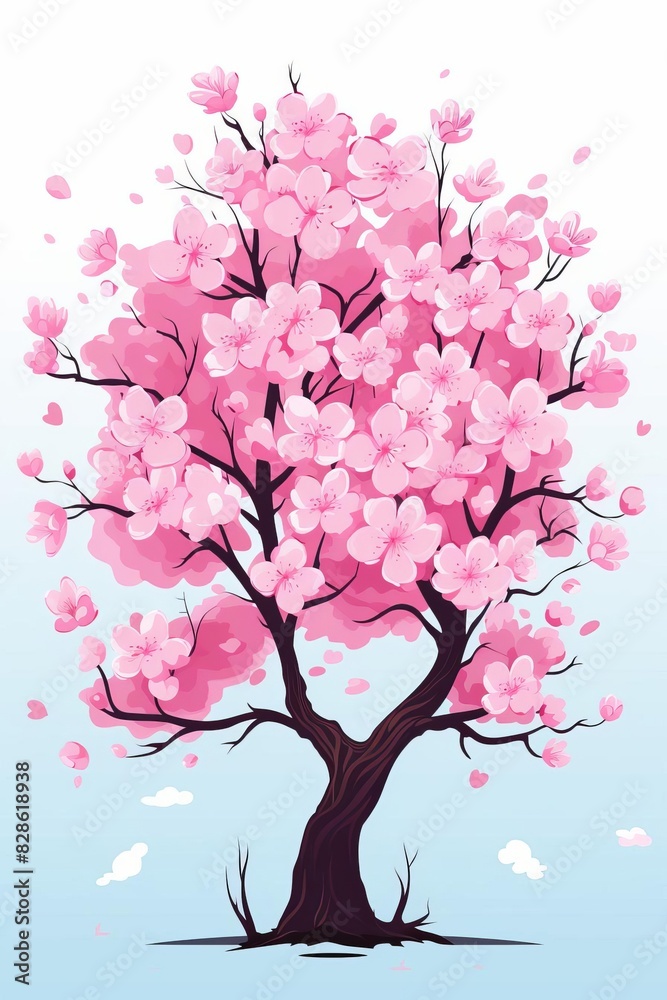 A vibrant pink cherry blossom tree in full bloom against a soft blue sky.