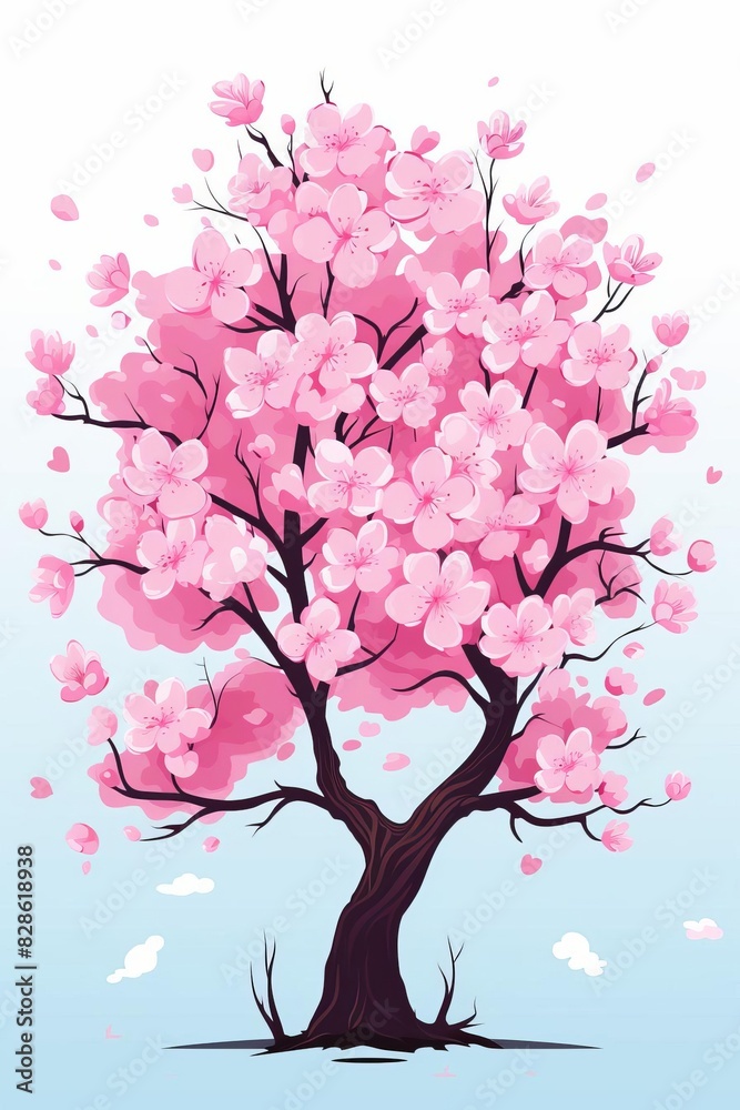 Fototapeta premium A vibrant pink cherry blossom tree in full bloom against a soft blue sky.