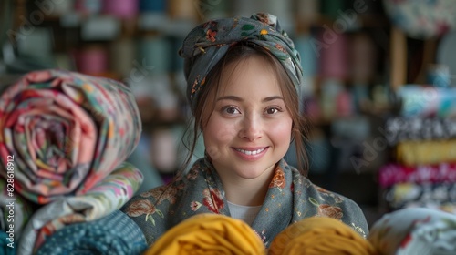 Smiling Woman in Fabric Store Surrounded by Colorful Textiles