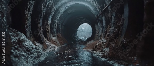 A tunnel with a dark, murky waterway photo