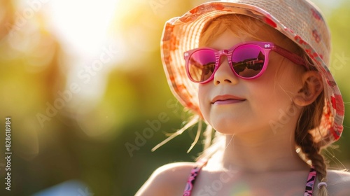 Sunny Smile: Young Girl with Sunglasses and Straw Hat by the Water. UV Safety Awareness Month