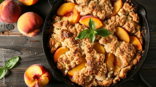 Peach Cobbler in Cast Iron Skillet on Wooden Background photo