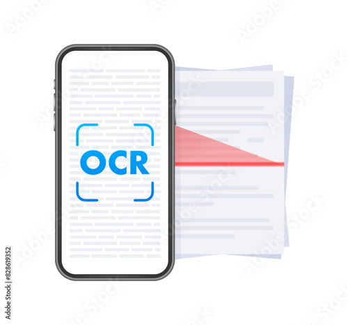 OCR - Optical character recognition. Document scan. Process of recognizing document. Vector stock illustration