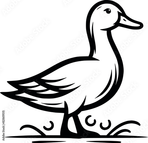 A Long and Intriguing Title Elegant Black and White Illustration of a Graceful Duck Standing Proudly on a Delicate Patch of Grass, Perfect for Nature Lovers and Artistic Designs