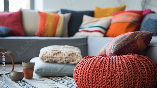 Cozy Living Room with Colorful Pillows and Knitted Pouf