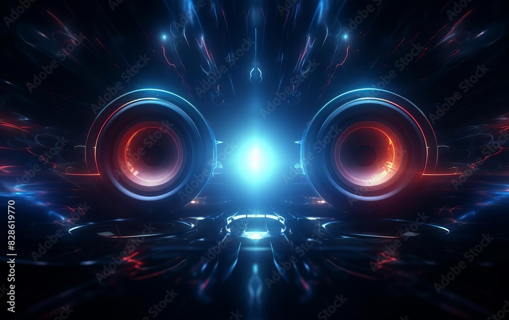 Obraz premium Abstract futuristic background with glowing blue and red lights and a central light source.