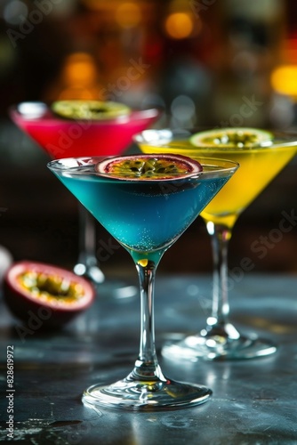 Colorful Cocktail Assortment with Passion Fruit Garnish