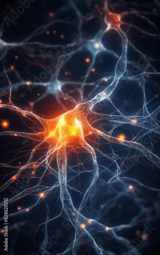 Abstract representation of a neuron with glowing dendrites and axon. A visual metaphor for connectivity and neural networks.