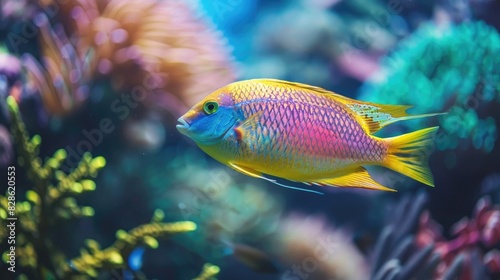 A colorful fish swimming gracefully in an aquarium.