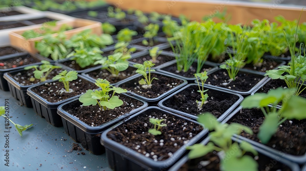 A photo of seedling trays filled with small plants, including tomato and chives on the ground in plastic pots, surrounded by black soil for planting in an urban garden setting. A photo of seedling trays filled with small plants, including tomato and chives on the ground in plastic pots, surrounded by black soil for planting in an urban garden setting.