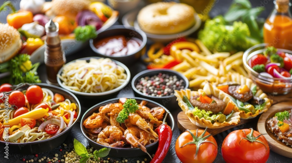 Assortment of various dishes including pasta, shrimp, fries, and vegetables. Assortment of various dishes including pasta, shrimp, fries, and vegetables.
