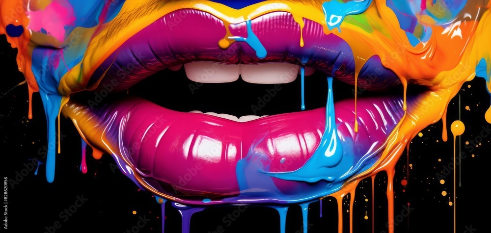 Fototapeta premium Colorful abstract paint dripping over a woman's lips.