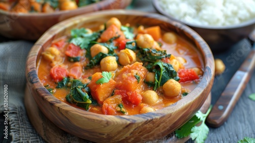 Chickpea and vegetable curry with cilantro in ceramic bowl.