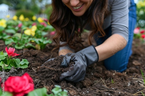 Woman planting flowers in garden, close up of hands in soil, natural light, emphasizing gardening care and growth