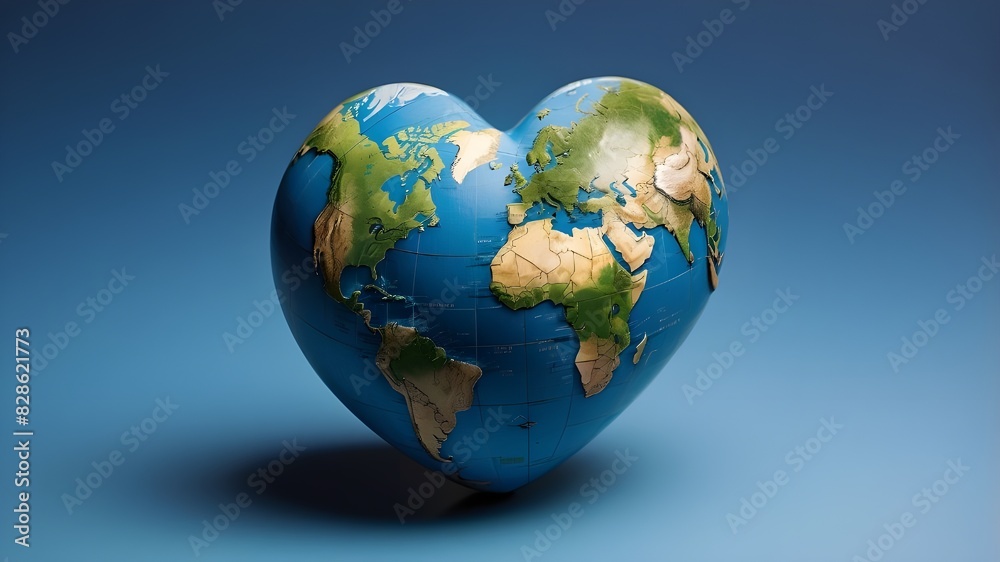 Isolated on a blue background, a close-up of a heart-shaped earth with room for copy
