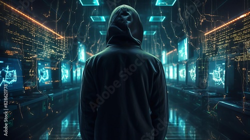 Mysterious hooded figure standing in a futuristic, neon-lit hallway. photo