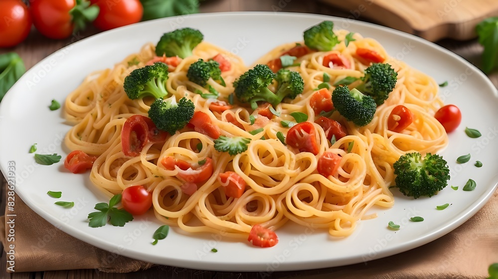 A plate of spaghetti pasta shaped like a heart with veggies on it