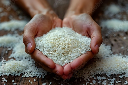 Hands Shaping Abundance A Neat Pile of Rice in the Form of an L on a Rustic Wooden Table photo