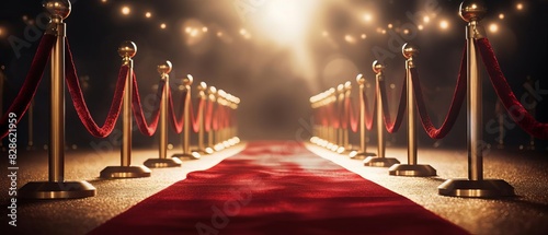 Red carpet with stanchions and spotlights. photo