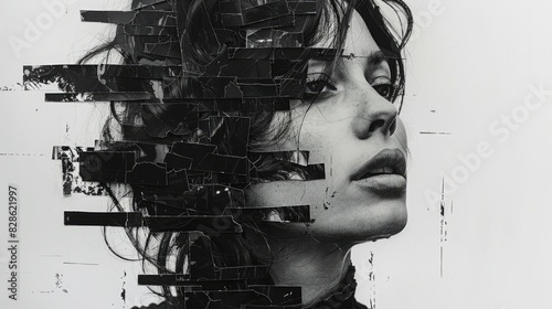 Collage of woman's portrait with a lot of pieces and fragments around her head. Blask and white, Abstrart, creative art, close up
