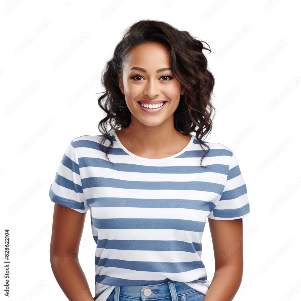 Front view mid shot of a beautiful Polynesian woman dressed in a blue striped T-shirt and white jeans, smiling on a white transparent background Front view mid shot of a beautiful Polynesian woman dressed in a blue striped T-shirt and white jeans, smiling on a white transparent background