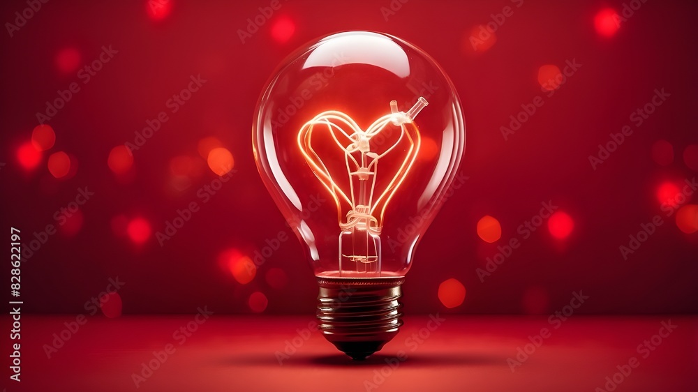 Valentine's Day concept light bulb with a heart-shaped glowing filament on a red background Valentine's Day concept light bulb with a heart-shaped glowing filament on a red background