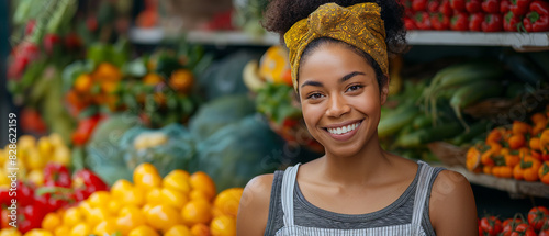 Smiling Woman at Farmers Market with Fresh Produce