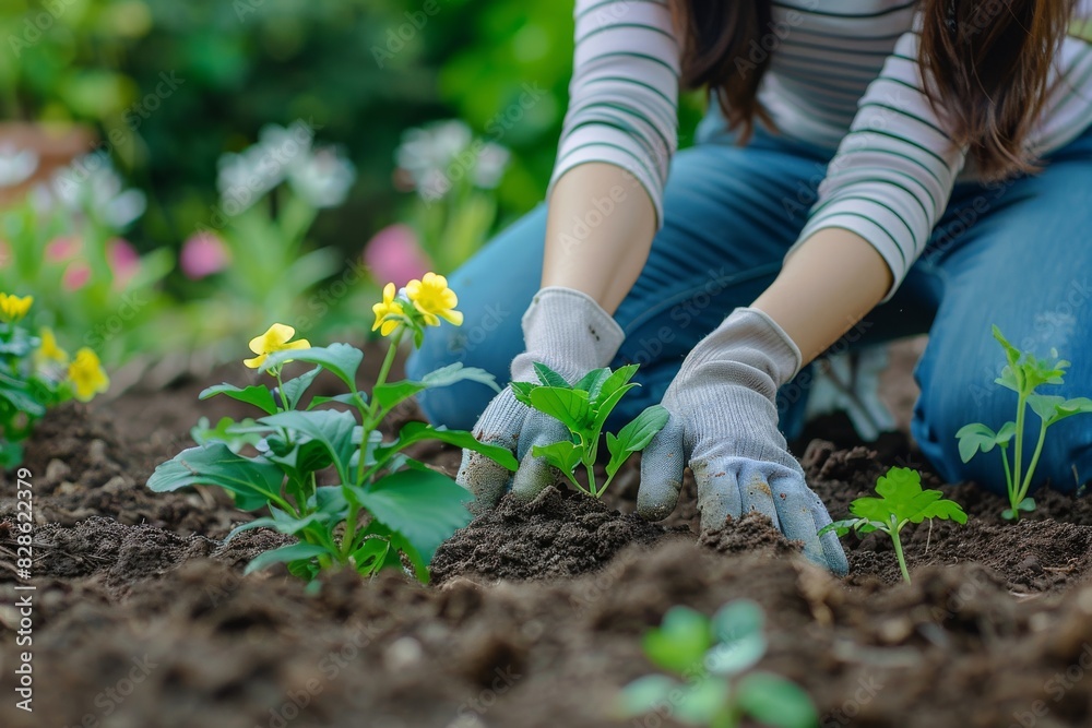 Fototapeta premium Woman planting seedlings in garden soil, close up with natural light, green background, emphasizing gardening care and new growth
