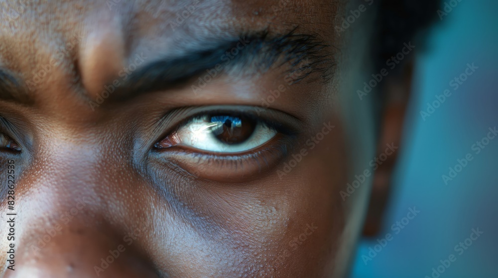 A man with a furrowed brow and a dark eye. The eye is brown and has a glare A man with a furrowed brow and a dark eye. The eye is brown and has a glare