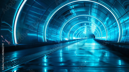 A tunnel with a blue light shining on it