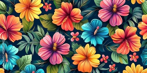colorful floral pattern ,Lush floral pattern with vivid flowers and leaves, 