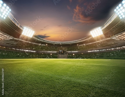 Empty football stadium under night lights, soccer field with illumination and green grass background