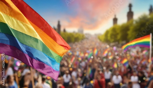 lgbt flag on the background of the pride parade, queer lgbtq pride month, June 1, the fight against homophobia and bullying, tolerance, summer holiday, freedom and rights, big city photo