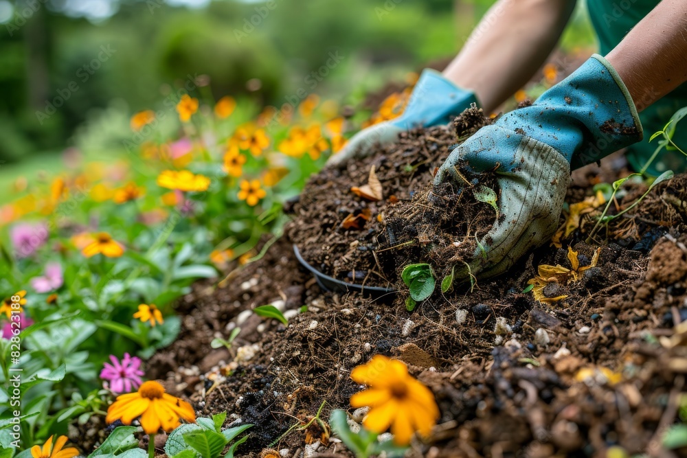 Adding compost to garden bed with orange flowers, close up of hands, natural light, emphasizing soil health and gardening care Adding compost to garden bed with orange flowers, close up of hands, natural light, emphasizing soil health and gardening care