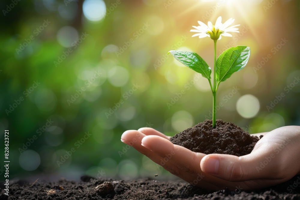 custom made wallpaper toronto digitalHand holding small seedling in soil, close up with sunlight and green background, emphasizing new growth and gardening care