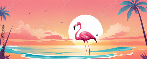 A pink flamingo standing gracefully on a sandy beach.