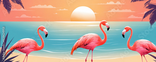 Three flamingos stand on a serene sandy beach basking in the warm glow of a tropical sunset.