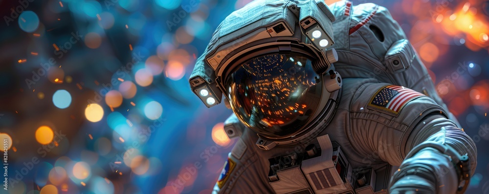 Fototapeta premium Astronaut in futuristic space suit with blurred lights background.