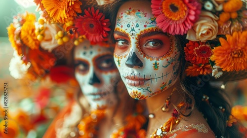 Women adorned with vibrant Dia de Muertos makeup and floral headpieces pose in a colorful setting photo