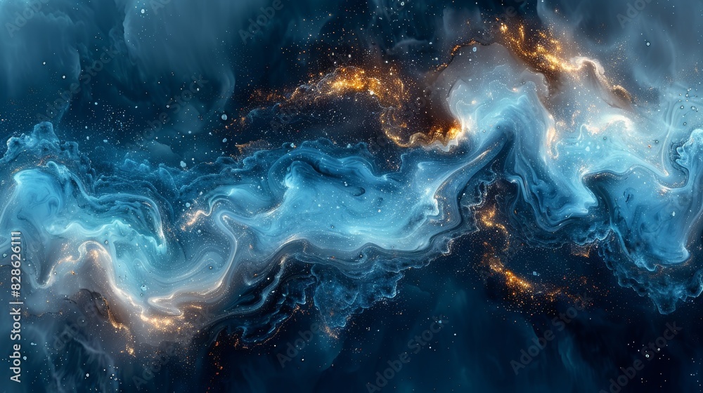 Cosmic abstract with blue and swirling gold resembling a galactic phenomenon or a mystical nebula